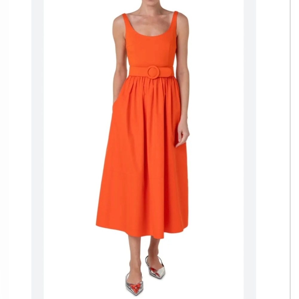 Akris Punto Belted Midi Orange Scoop Neck Cotton Dress w Pockets Size 12 New NWT